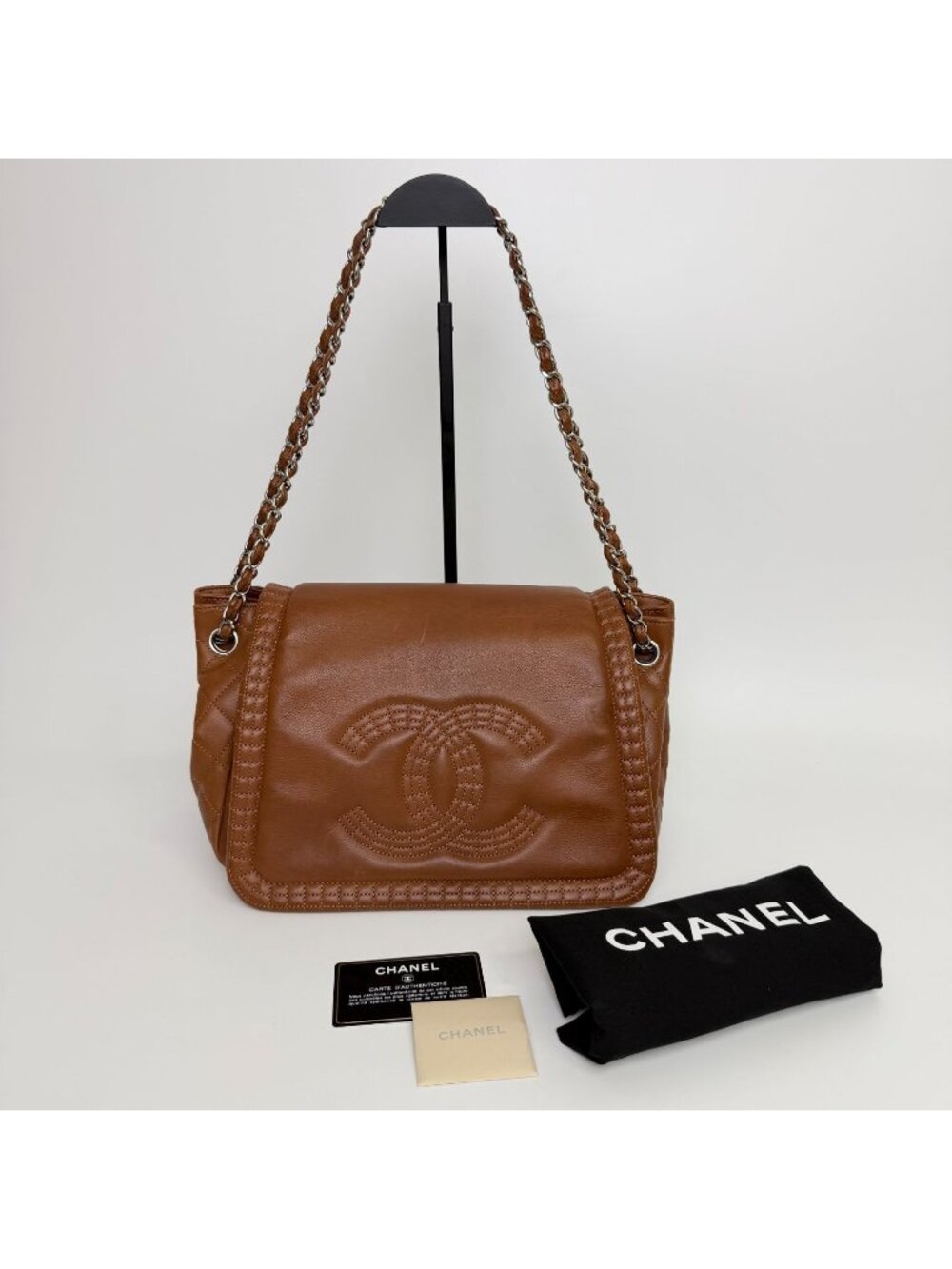 Chanel Big CC Logo Chain Shoulder Crossbody Bag Leather Brown Silver Seal